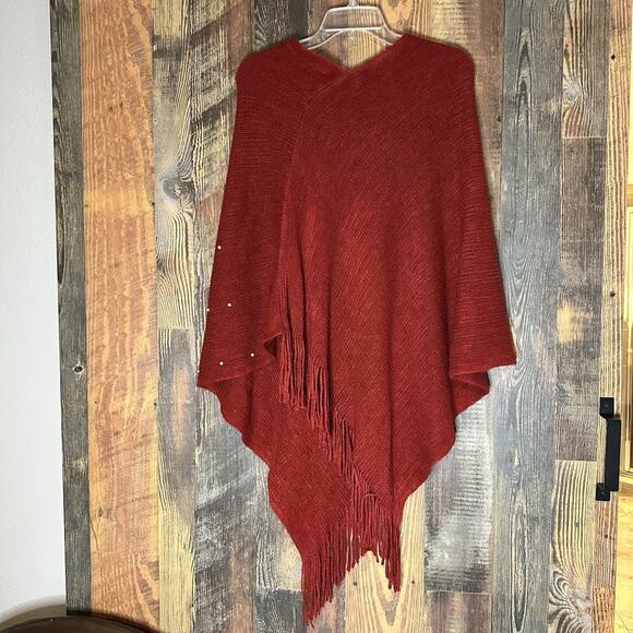 Charlotte Daniel Red With Pearl-like Beads Pancho Sweater Women’s One Size - Picture 5 of 5